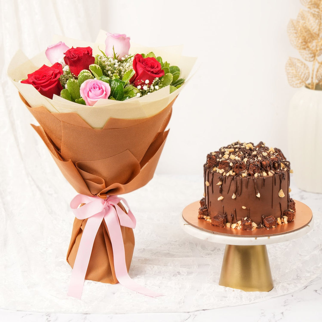 Sweet Harmony: Elegant Rose Bouquet with Decadent Chocolate Cake