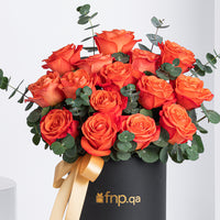 Exquisite 15 Orange Roses Box Arrangement with Eucalyptus and Ruscus