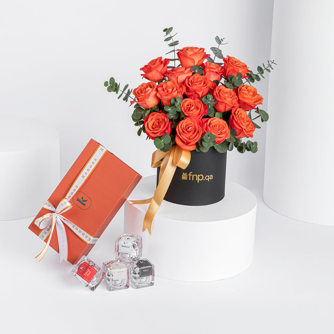 Kenooz Luxury Gift Box with 15 Vibrant Orange Roses & Exclusive Scented Collection
