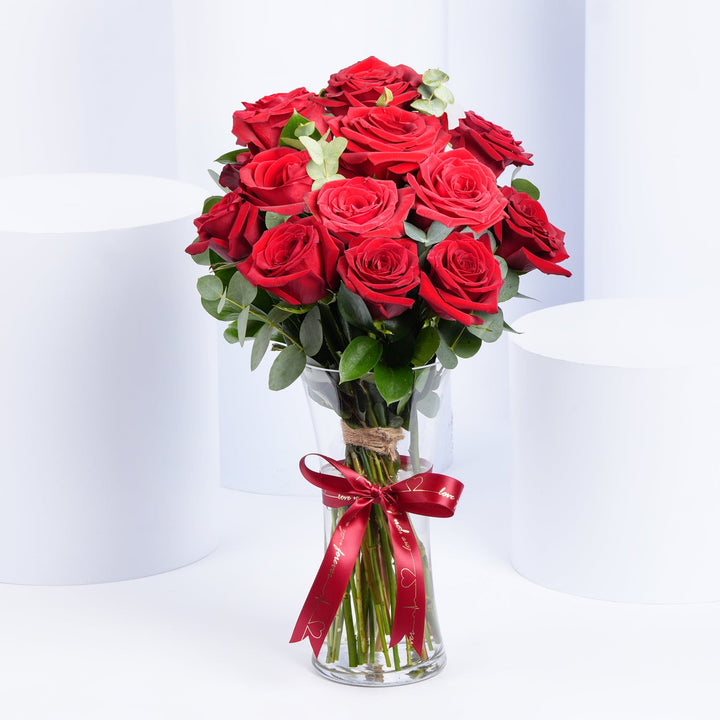 12 Fresh Red Roses Vase Arrangement