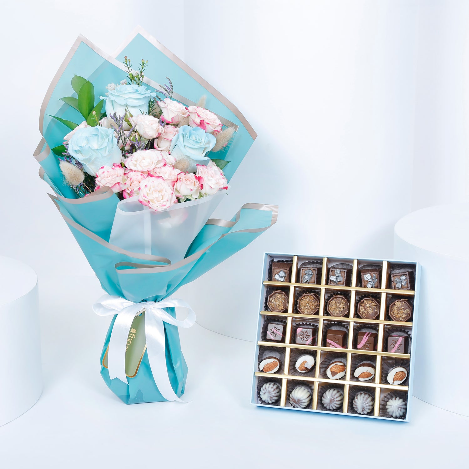 Empire Chocolate | Baby Blue Chocolate Box 25 Assorted Pieces & Hand Bouquet