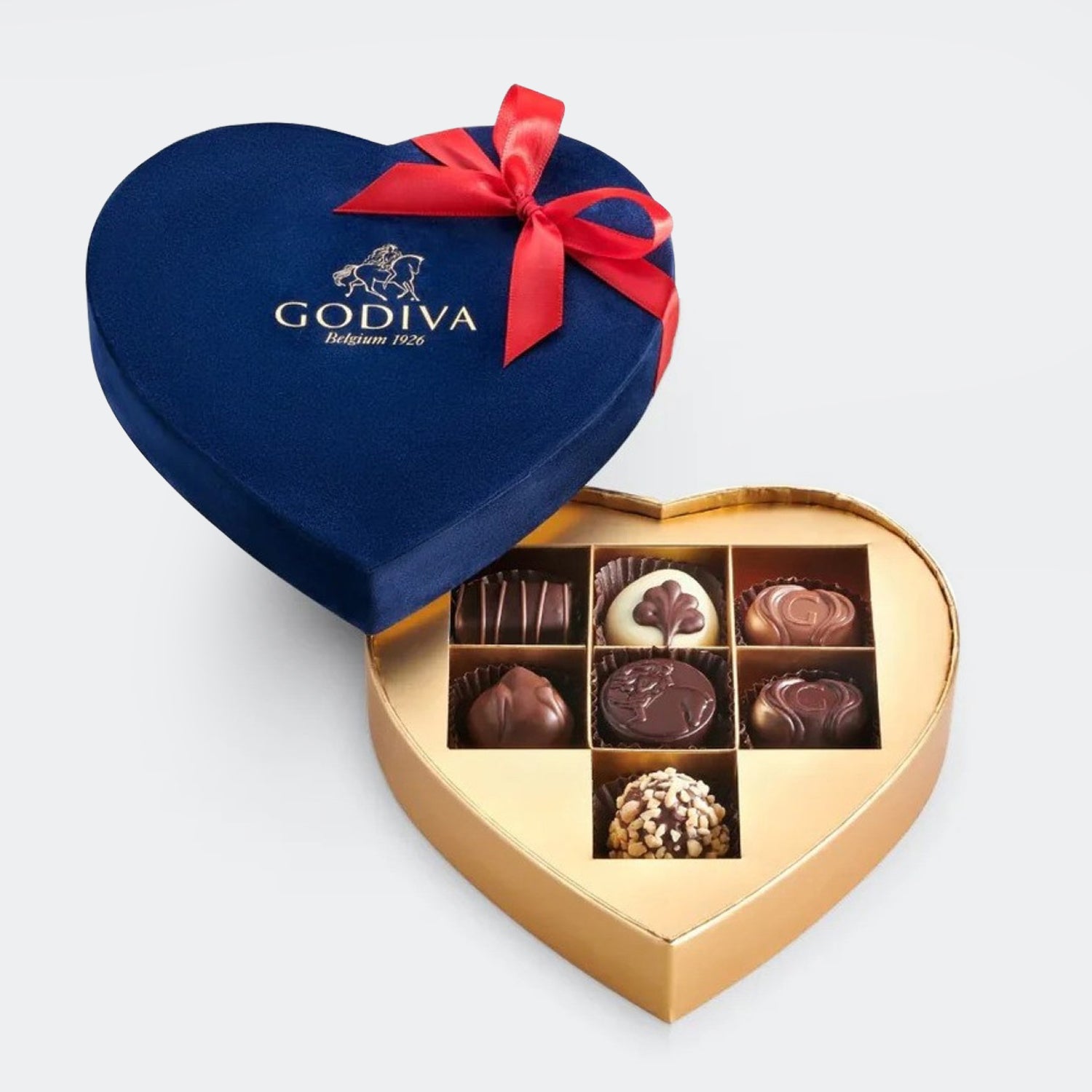 Godiva | Navy Blue Velvet Heart Gift Box - 7 Pieces & Bunch of Beautiful 6 Red Roses