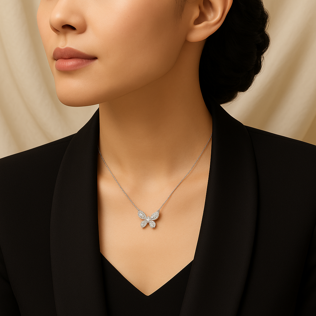 18K White Gold Butterfly Diamond Necklace – Elegant & Timeless