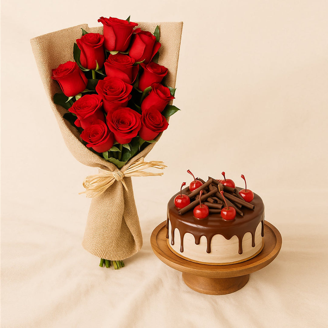 Elegant 12 Red Roses Bouquet with Decadent Black Forest Cake
