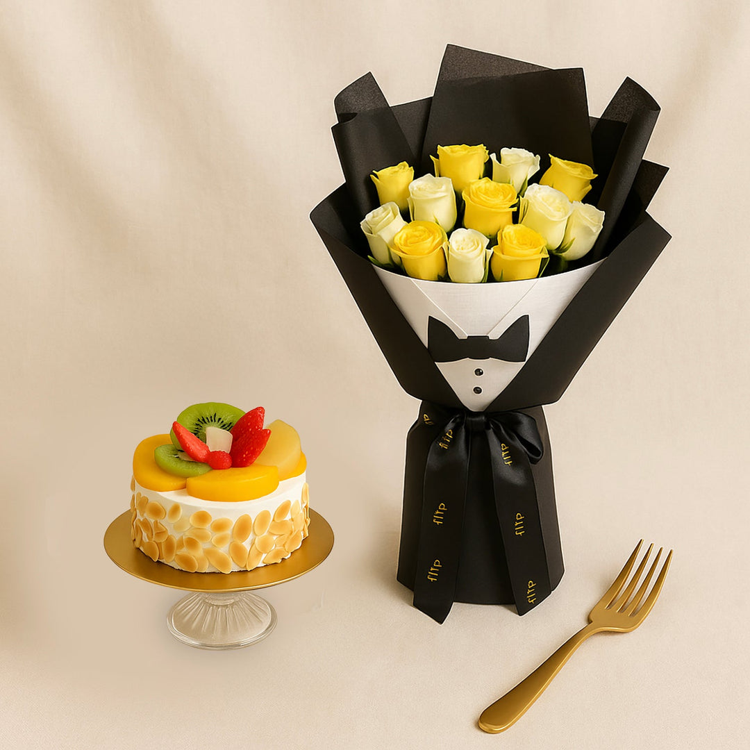 مجموعة الرجل الأنيق: باقة ورود راقية وكعكة فواكه لذيذة