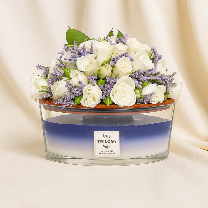 WoodWick Ellipse Candle - Evening Luxe with Elegant Floral Arrangement