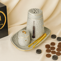 Luxurious Beige Porcelain Incense Burner Set with Arabic Engravings by Q51 Perfumes