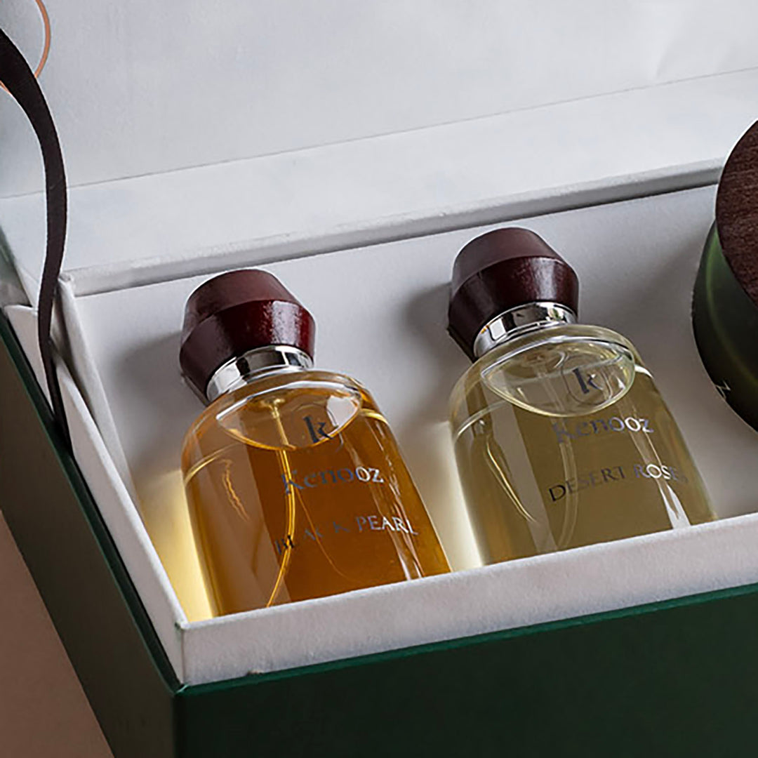 Kenooz Aroma Box | Luxurious Green Leather Perfume Set for Ramadan