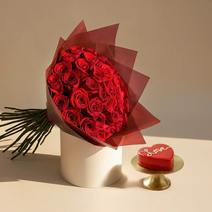 Elegant 35 Red Roses Bouquet with Heart-Shaped Red Velvet Cake