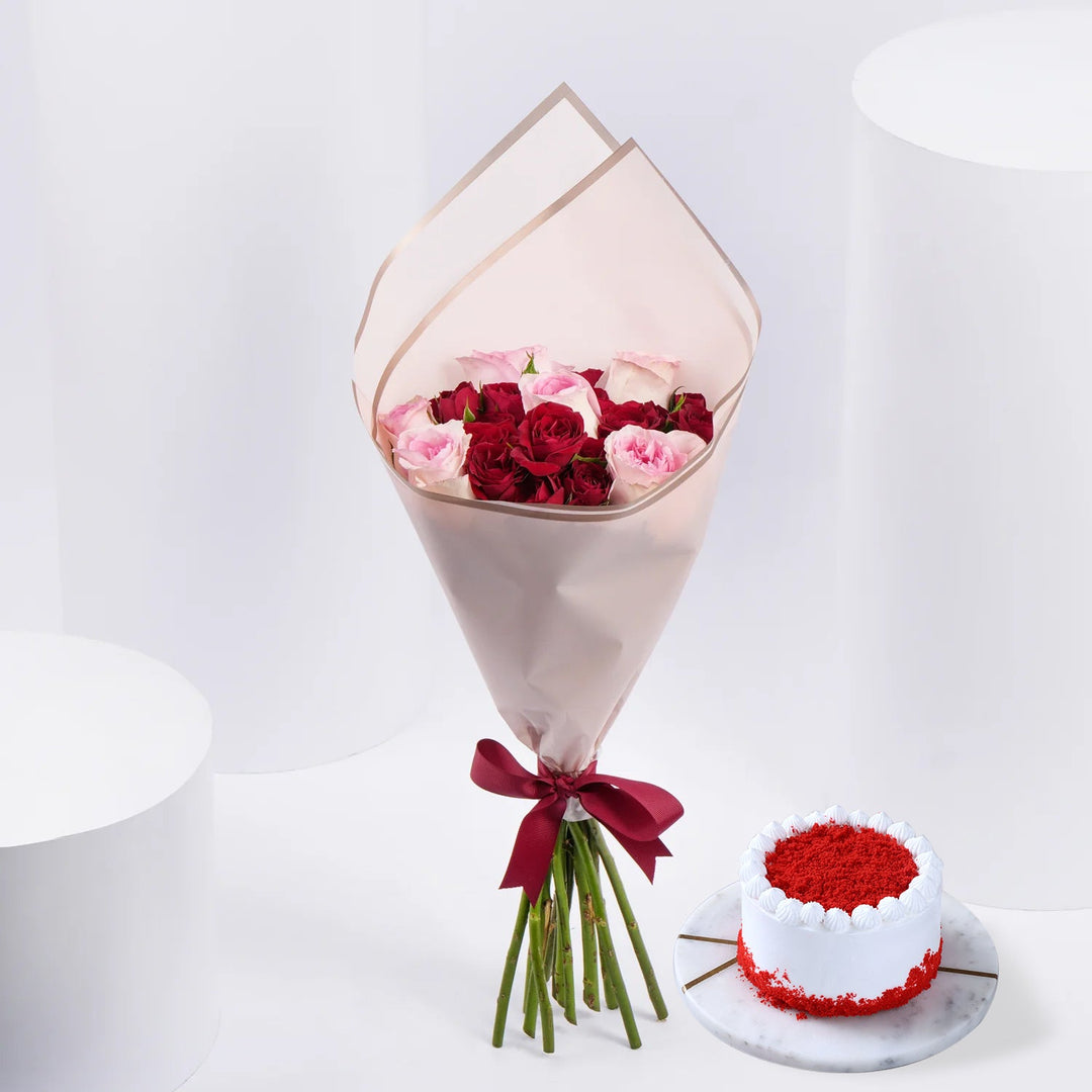 لحظات متفتحة – باقة أنيقة من الورود الحمراء والوردية