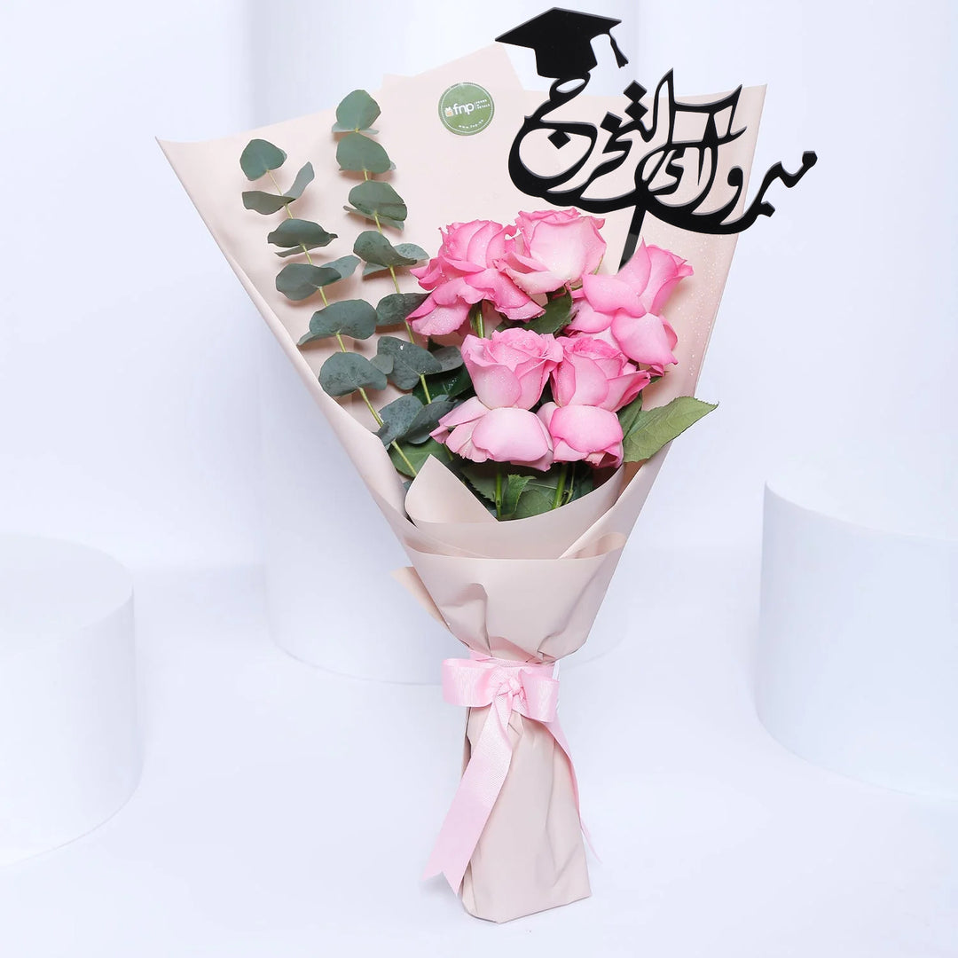 Elegant Pink Roses Graduation Bouquet with Eucalyptus and Acrylic Topper