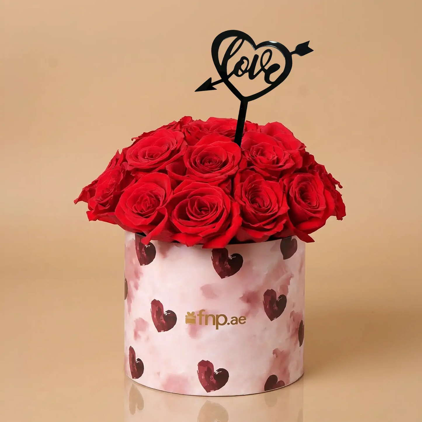Romantic Red Roses in Heart-Printed Round Box for Valentine's Day