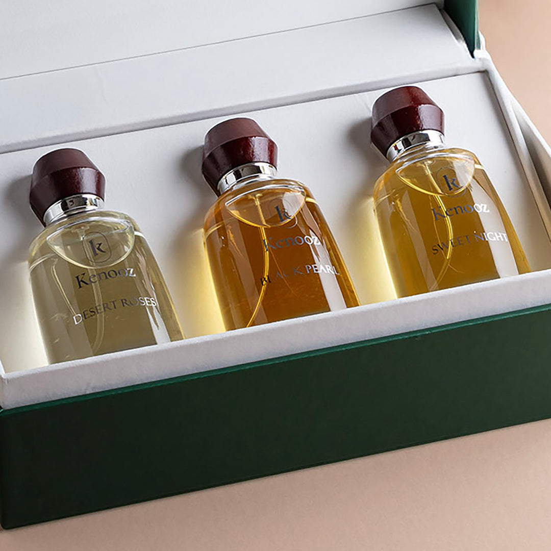 Kenooz | Luxurious Ramadan Perfume Trio in Green Leather Box