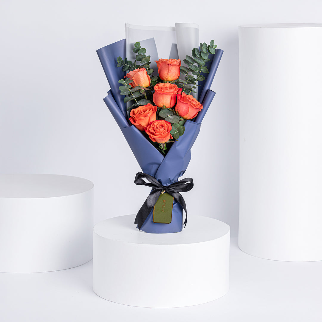 Elegant 6 Orange Roses Hand Bouquet with Eucalyptus