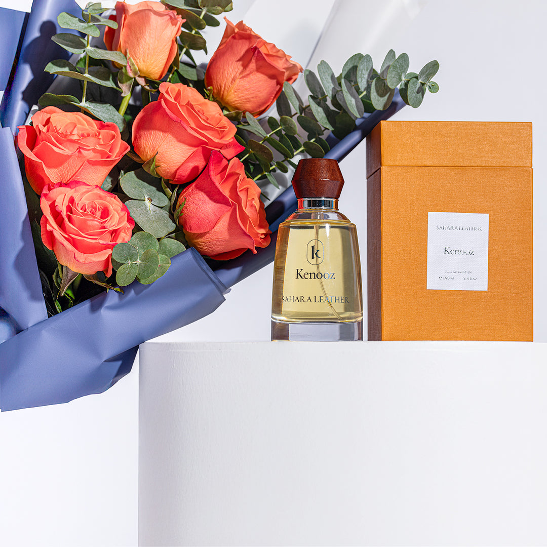 Sahara Leather 100ml Unisex Perfume Gift Set with Orange Roses and Eucalyptus by Kenooz