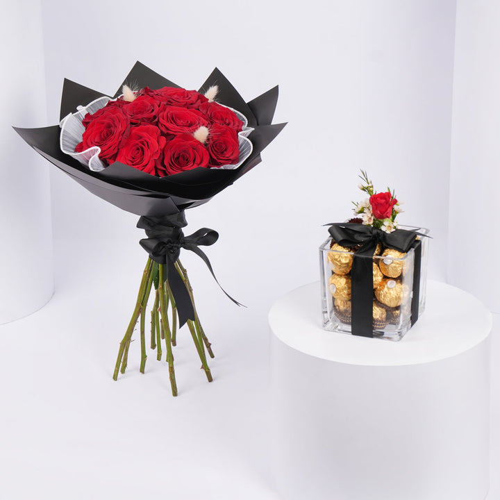10 Red Rose Flowers Bouquet with Chocolate