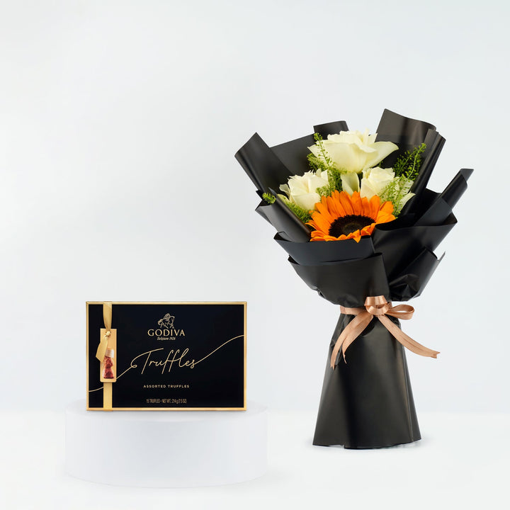 Godiva Truffles Collection with Elegant Sunflower Bouquet - 15 Assorted Pieces