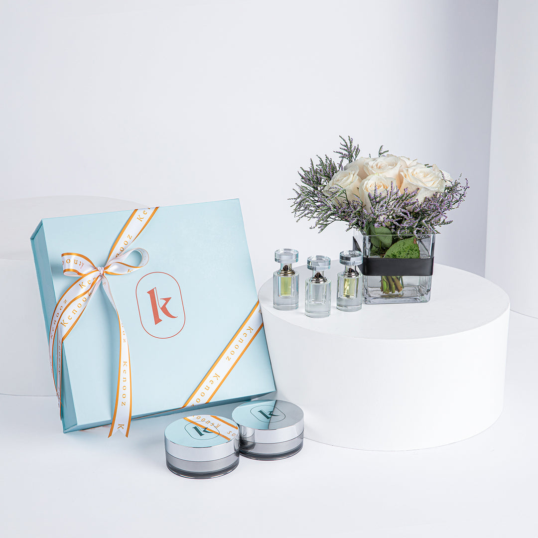 Kenooz Elegant Gift Set: 9 White Roses with Perfumes & Bakhoor