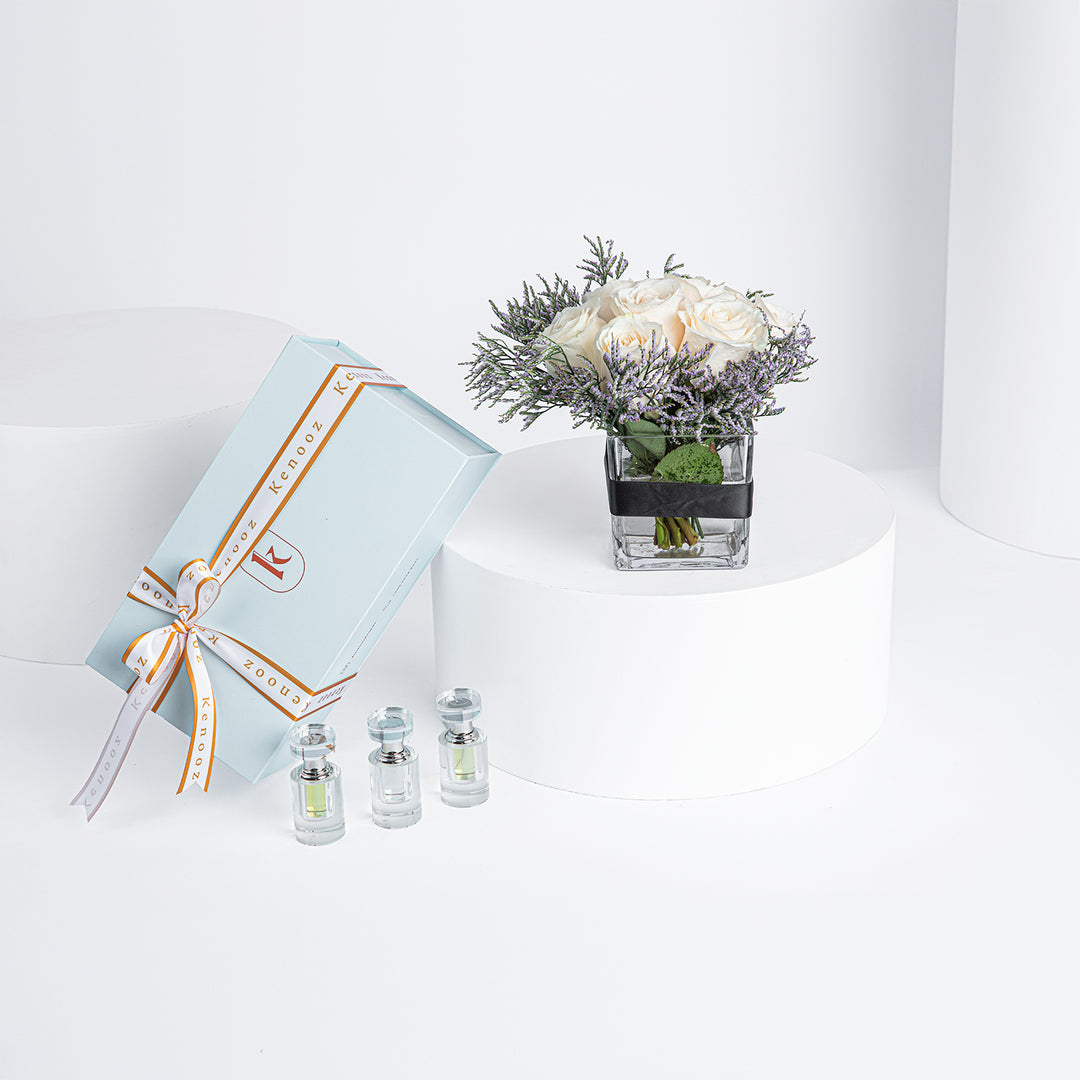 Kenooz - Cherished Moments: White Rose Vase with Perfume Oils