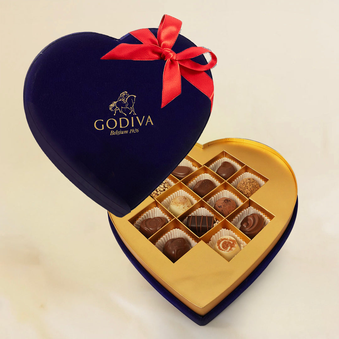 Godiva Navy Blue Velvet Heart Gift Box - Luxurious 12-Piece Chocolate Collection