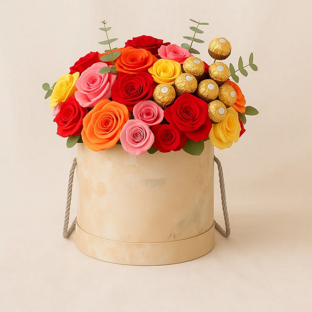 باقة ورود زاهية مع شوكولاتة فيريرو روشيه