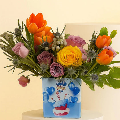 Charming Birthday Flower Vase with Mug and Cushion Gift Set