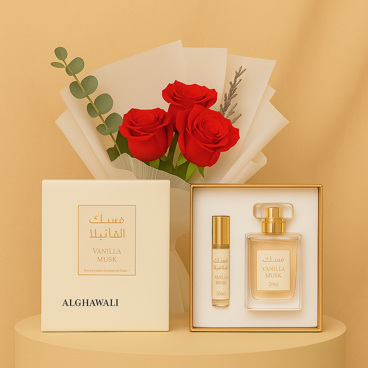 عطر الغوالي فانيلا مسك للجنسين مع باقة ورد جوري