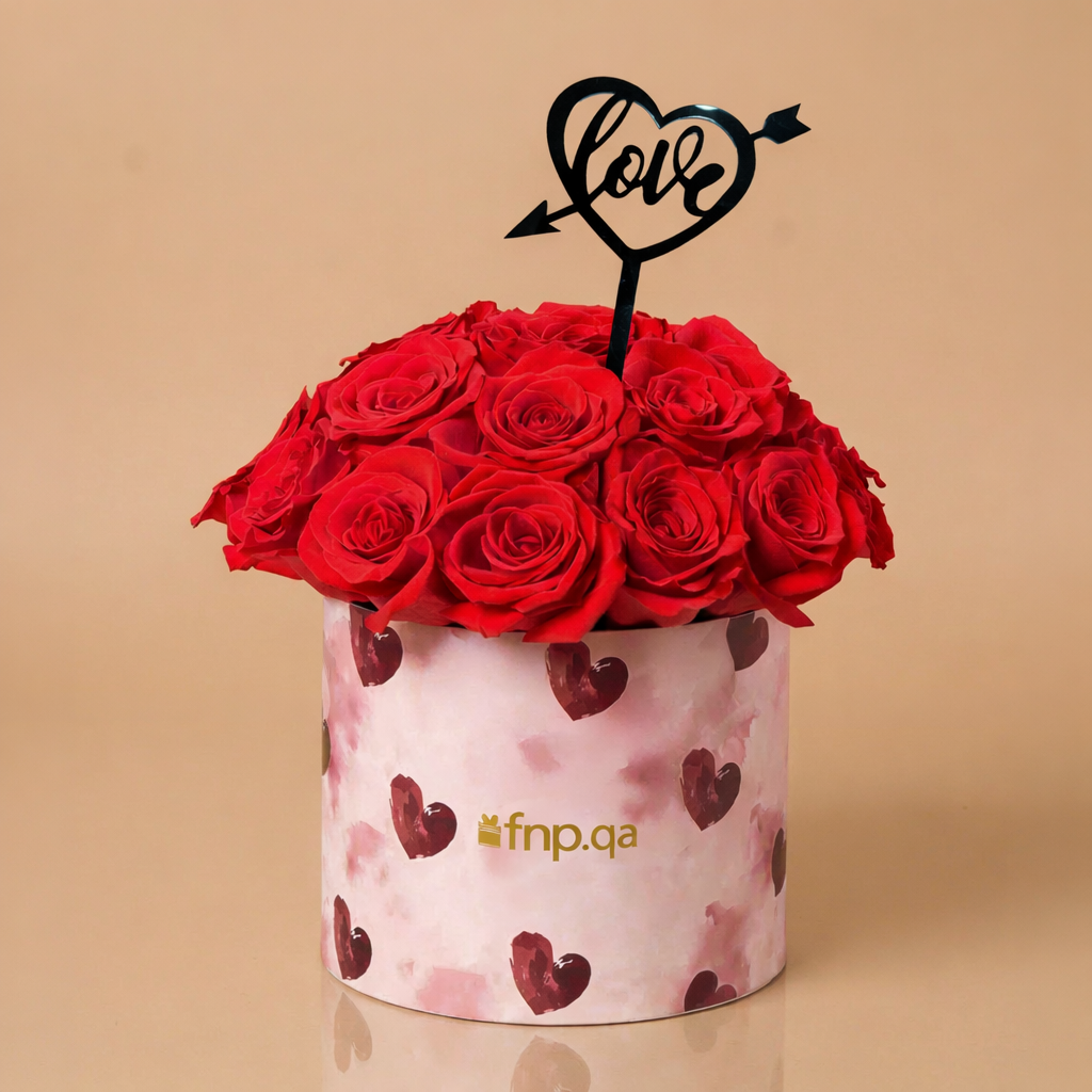 Romantic Red Roses in Heart-Printed Round Box for Valentine's Day