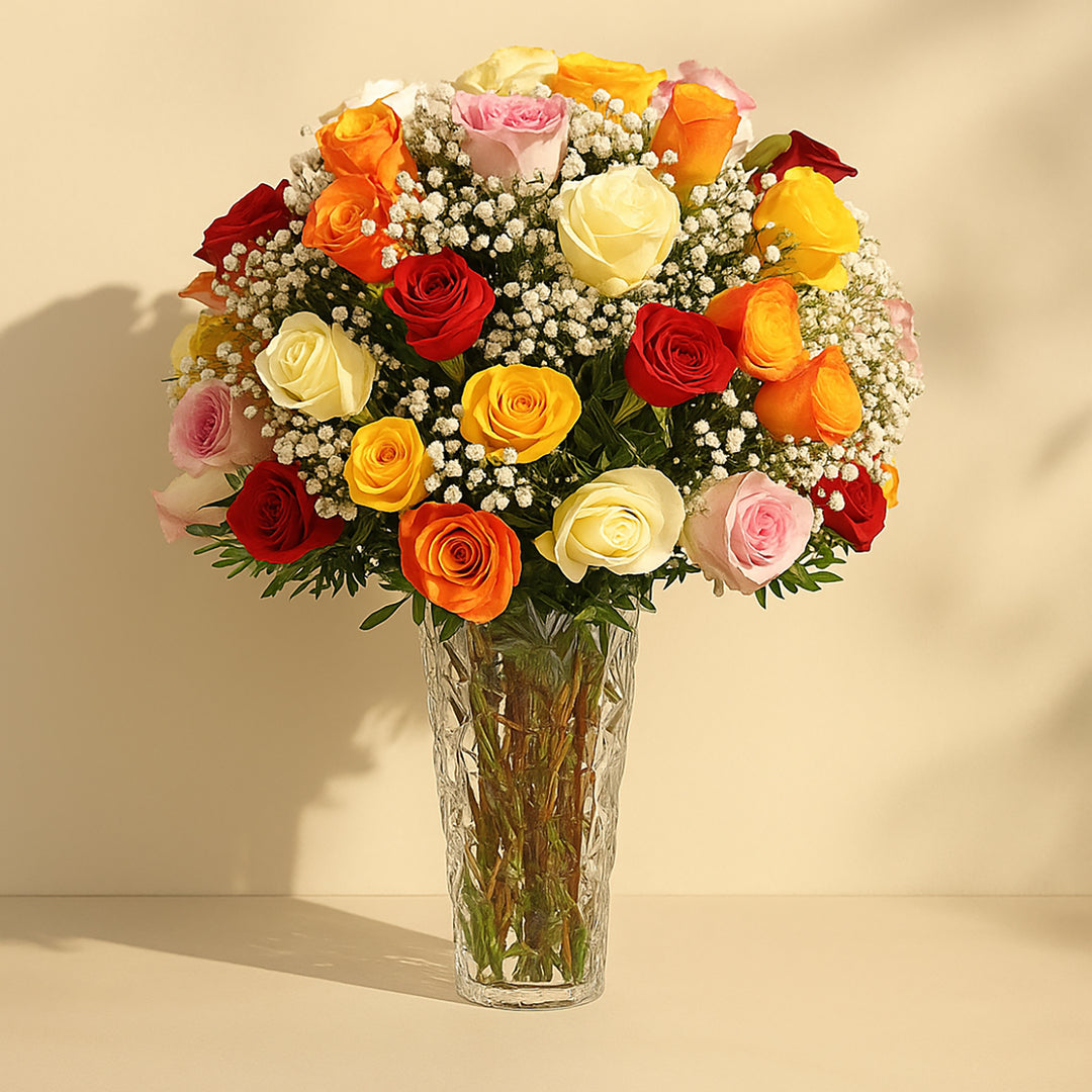باقة أنيقة من 50 وردة متنوعة في مزهرية زجاجية أنيقة
