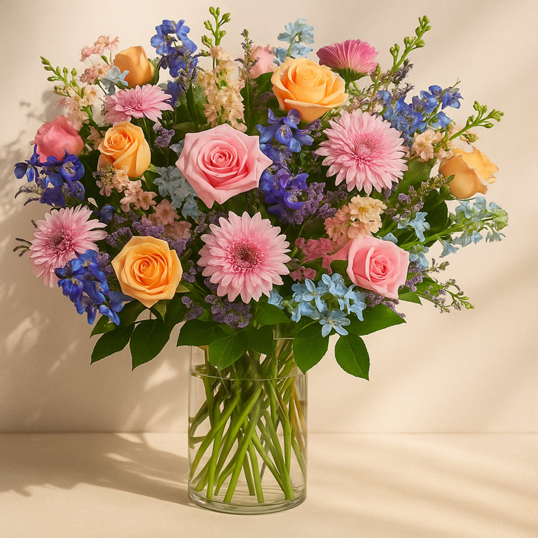 باقة زهور رائعة بألوان زاهية في مزهرية زجاجية
