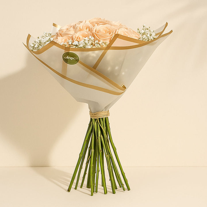 Elegant Peach Love 20 Roses Bouquet with Gypsophila Fillers