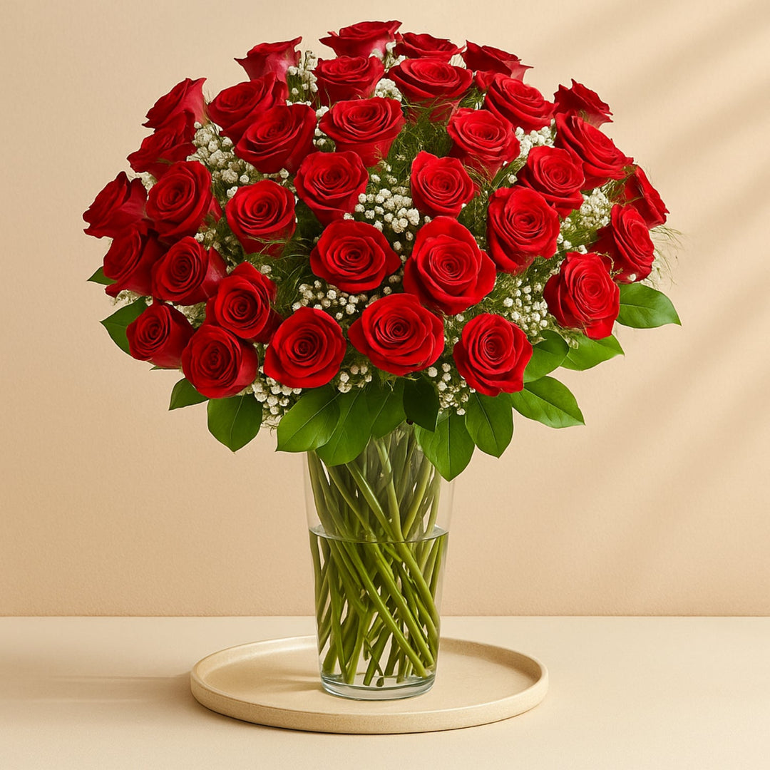 باقة فاخرة من 50 وردة حمراء قانية مع حشوات أنيقة في إناء زجاجي
