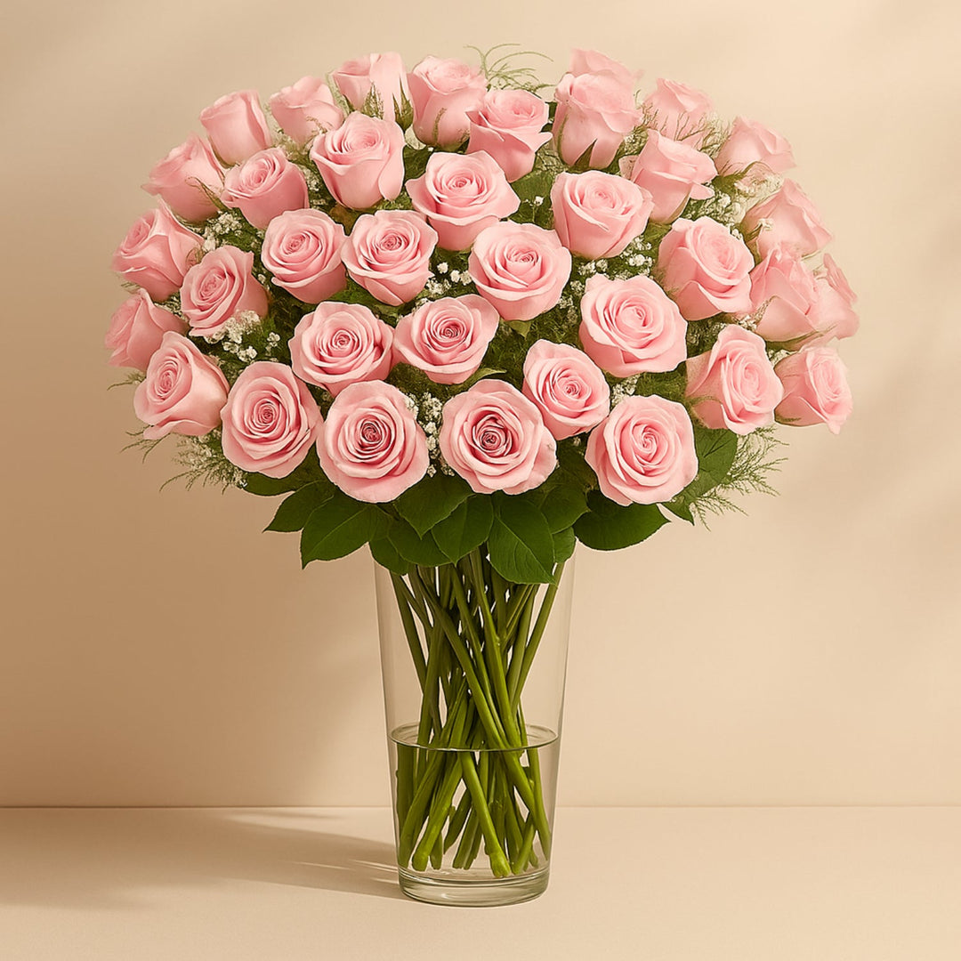باقة أنيقة من 50 وردة وردية مذهلة مع زهور الجيبسوفيلا في مزهرية زجاجية