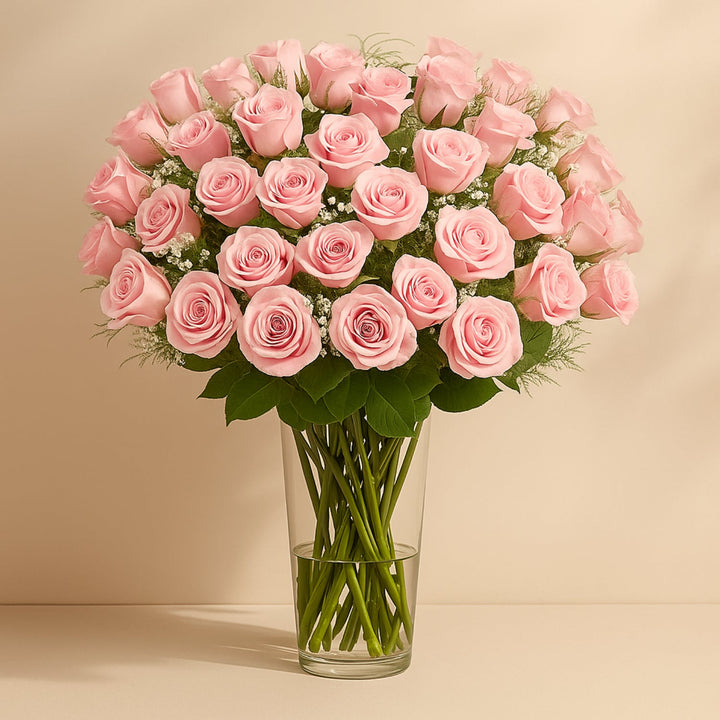 Elegant Bouquet of 50 Stunning Pink Roses with Gypsophila in a Glass Vase