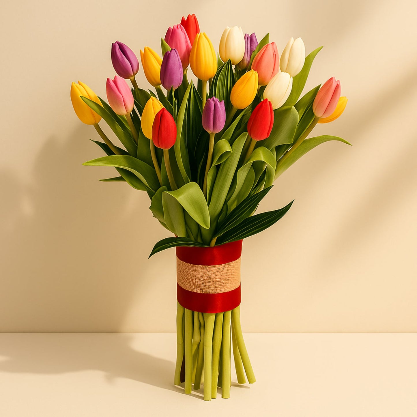 Vibrant Multicolor Tulip Bouquet - 25 Stems with Jamaica Leaves