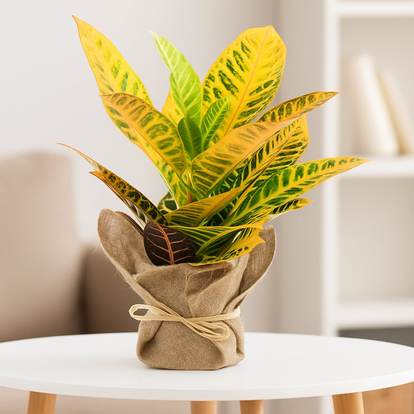Vibrant Codiaeum Petra Plant in Rustic Jute Wrapped Pot
