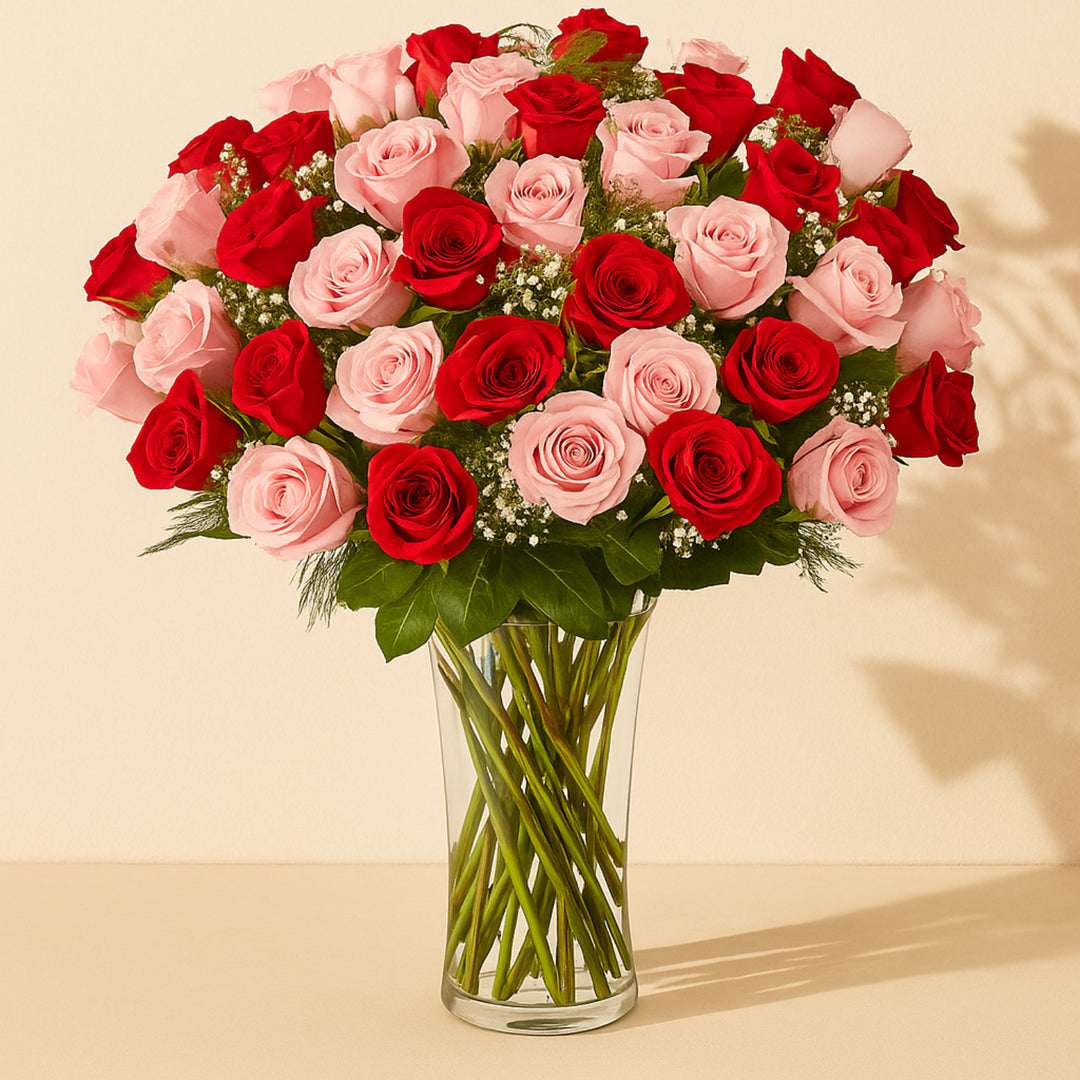 باقة فاخرة من 50 وردة حمراء وزهرية زهرية في مزهرية زجاجية أنيقة