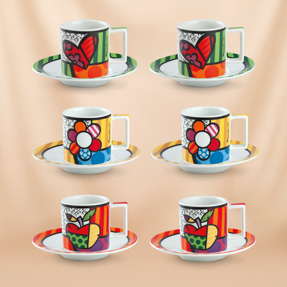 Egan Britto Coffee Cup & Saucer Set (6 Pieces) With Britto Porcelain Sugar Bowl | Heart Design