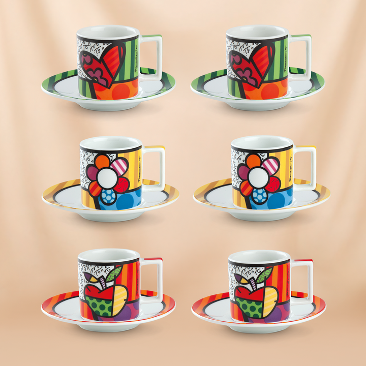 Egan Britto Coffee Cup & Saucer Set (6 Pieces) With Britto Porcelain Sugar Bowl | Heart Design