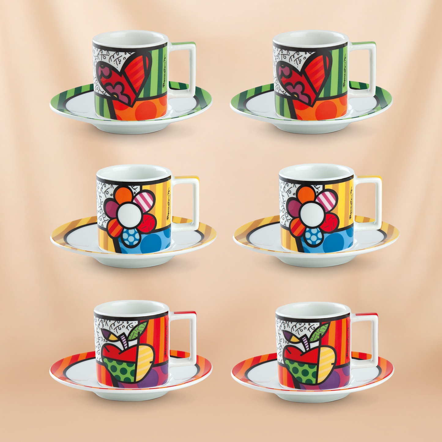 Egan Britto Coffee Cup & Saucer Set (6 Pieces) With Britto Porcelain Sugar Bowl | Heart Design