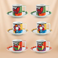 Egan Britto Coffee Cup & Saucer Set (6 Pieces) With Britto Porcelain Sugar Bowl | Heart Design