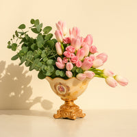 Elegant Pink Tulip and Eucalyptus Floral Arrangement in Designer Vase