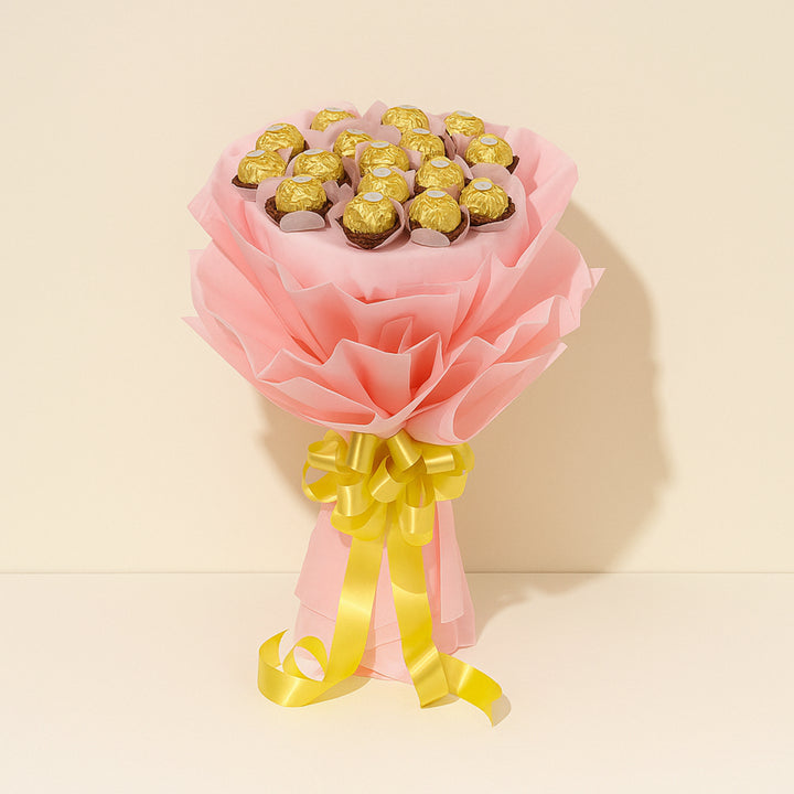 Exquisite Ferrero Rocher Chocolate Bouquet with Pink Wrap and Golden Ribbon