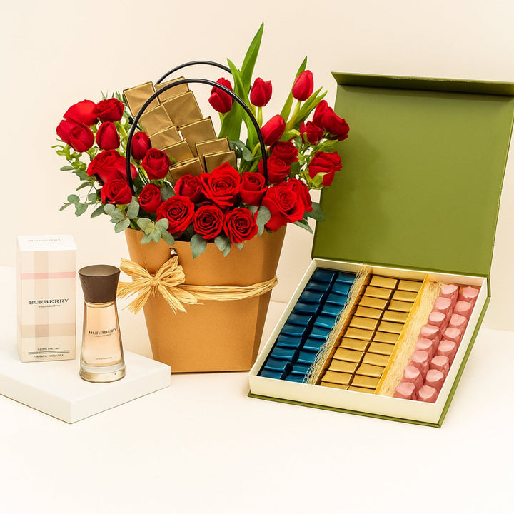 Elegant Red Rose Bouquet with Gourmet Chocolates and Luxurious Perfume