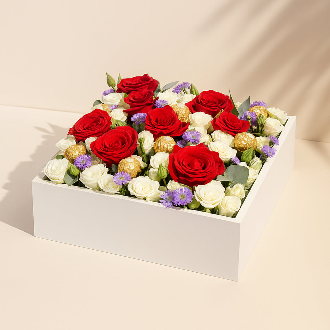 Pure Elegance Blooms Box - Luxurious Floral Arrangement with Chocolates
