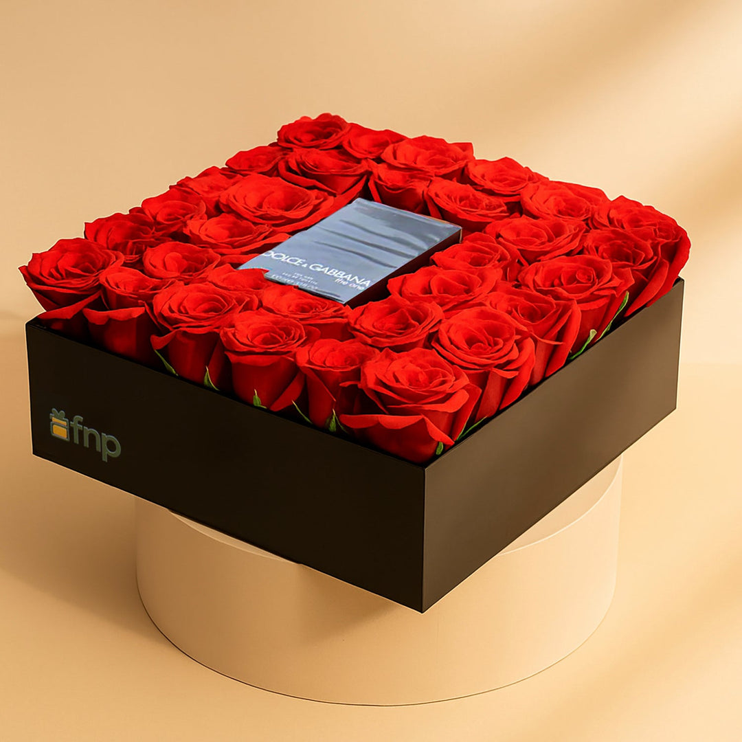 Luxury Dolce & Gabbana Gift Box with 32 Red Roses and The One Royal Night Fragrance