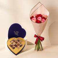 Elegant Godiva Navy Blue Velvet Heart Gift Box with 12 Assorted Chocolates & Charming Pink Bouquet