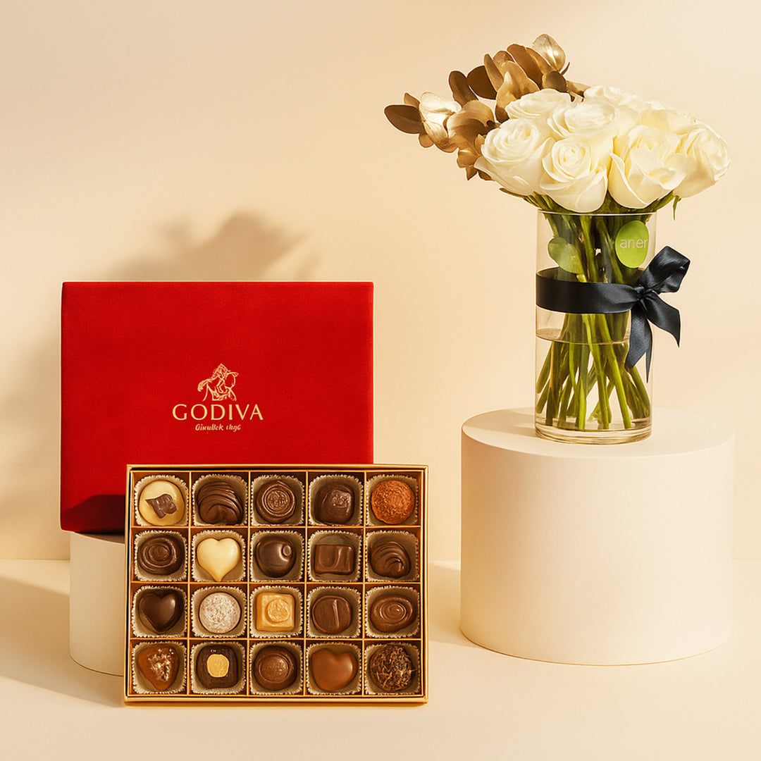 Luxurious Godiva Red Velvet Chocolate Box with Elegant White Roses Vase Arrangement