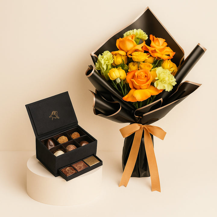 Exquisite Godiva Mini Royal Box with Vibrant Roses Bouquet