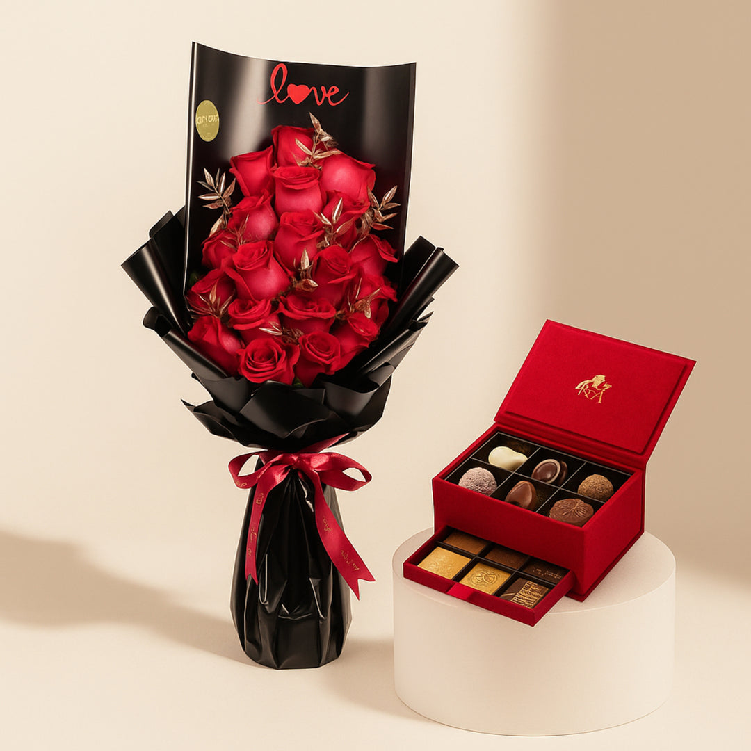 Godiva Mini Royal Box with Red & Scarlet Whisper Bouquet - A Luxurious Gift